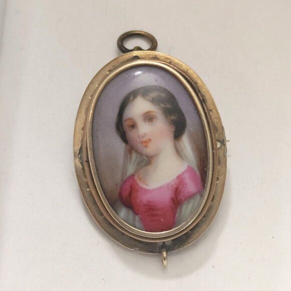 Victorian Antique Brooch Pendant Hand Painted Porcelain Portrait Gold Tone Oval - Picture 2 of 16